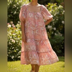 Arula Dress Size A 1X 14/16 Pink Floral Tiered Mini Cottage Boho Puff Sleeve